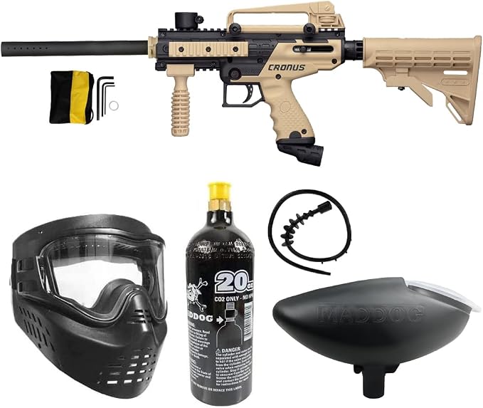 Maddog Tippmann Cronus Tactical Paintball Gun Marker and Bronze Accessory Starter Package | Comes with Marker, Anti-Fog Mask, Hopper, Harness, Pods, & Tank | CO2 or HPA Tank Options