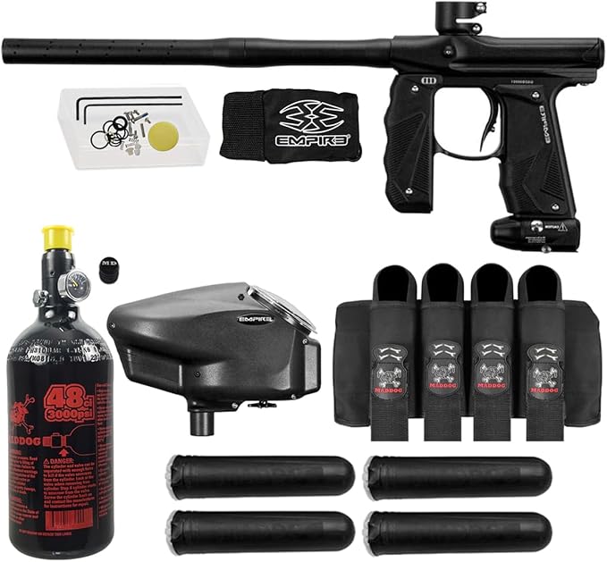 Maddog Empire Mini GS Electronic Full Auto Paintball Gun Marker w/ 48/3000 HPA Paintball Tank, Empire Halo Too Electronic Loader, 4-Pod Harness & (4) Pods Starter Package