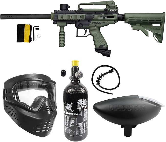 Maddog Tippmann Cronus Tactical Paintball Gun Marker and Bronze Accessory Starter Package | Comes with Marker, Anti-Fog Mask, Hopper, Harness, Pods, & Tank | CO2 or HPA Tank Options