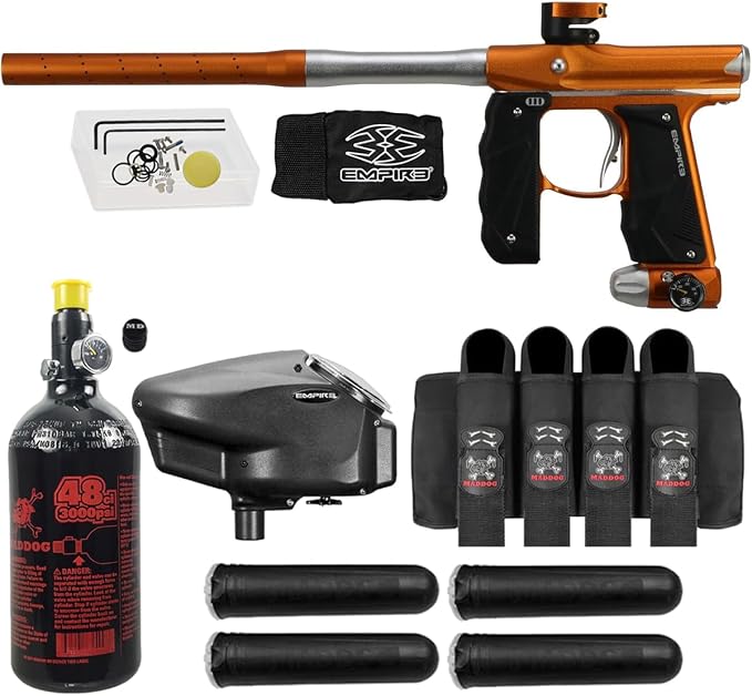 Maddog Empire Mini GS Electronic Full Auto Paintball Gun Marker w/ 48/3000 HPA Paintball Tank, Empire Halo Too Electronic Loader, 4-Pod Harness & (4) Pods Starter Package
