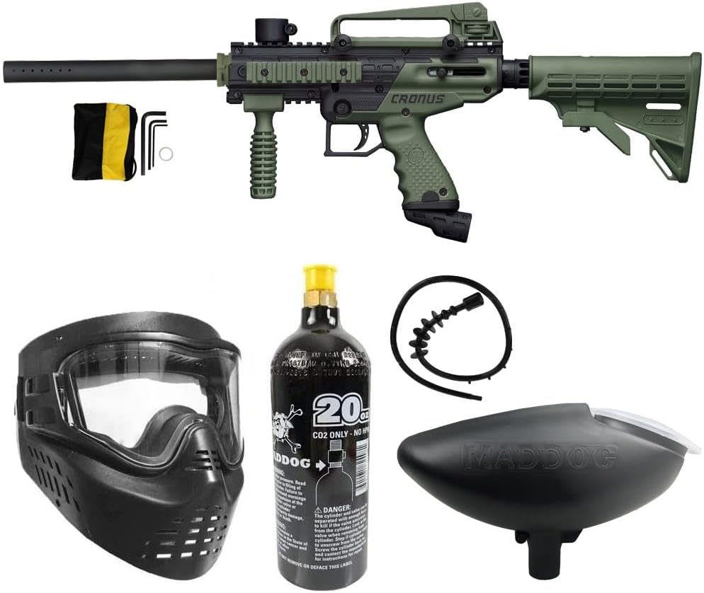 Maddog Tippmann Cronus Tactical Paintball Gun Marker and Bronze Accessory Starter Package | Comes with Marker, Anti-Fog Mask, Hopper, Harness, Pods, & Tank | CO2 or HPA Tank Options