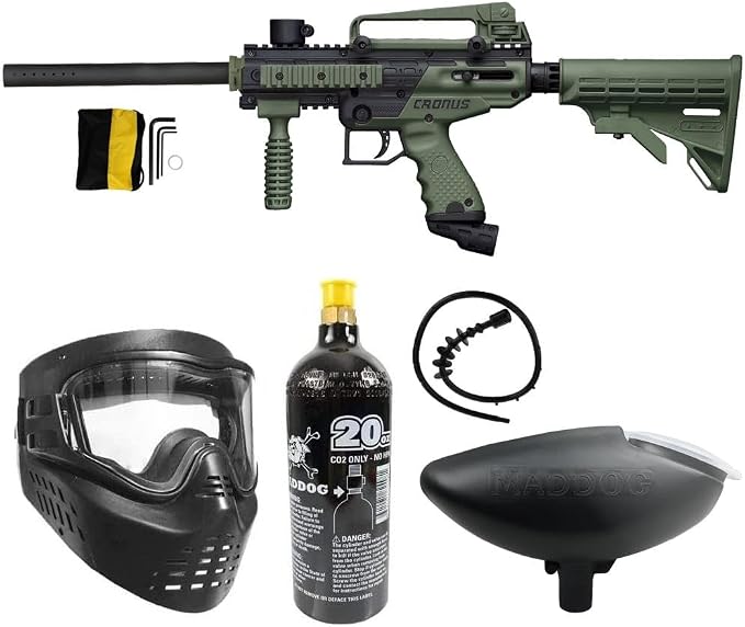 Maddog Tippmann Cronus Tactical Paintball Gun Marker and Bronze Accessory Starter Package | Comes with Marker, Anti-Fog Mask, Hopper, Harness, Pods, & Tank | CO2 or HPA Tank Options