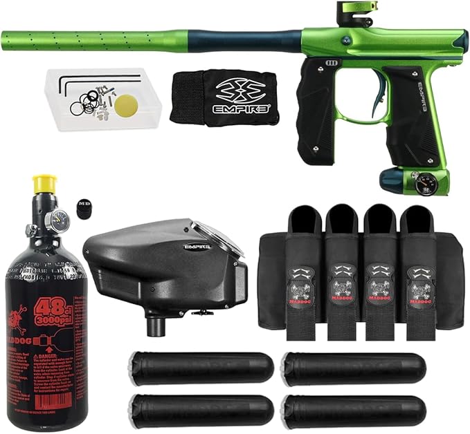 Maddog Empire Mini GS Electronic Full Auto Paintball Gun Marker w/ 48/3000 HPA Paintball Tank, Empire Halo Too Electronic Loader, 4-Pod Harness & (4) Pods Starter Package