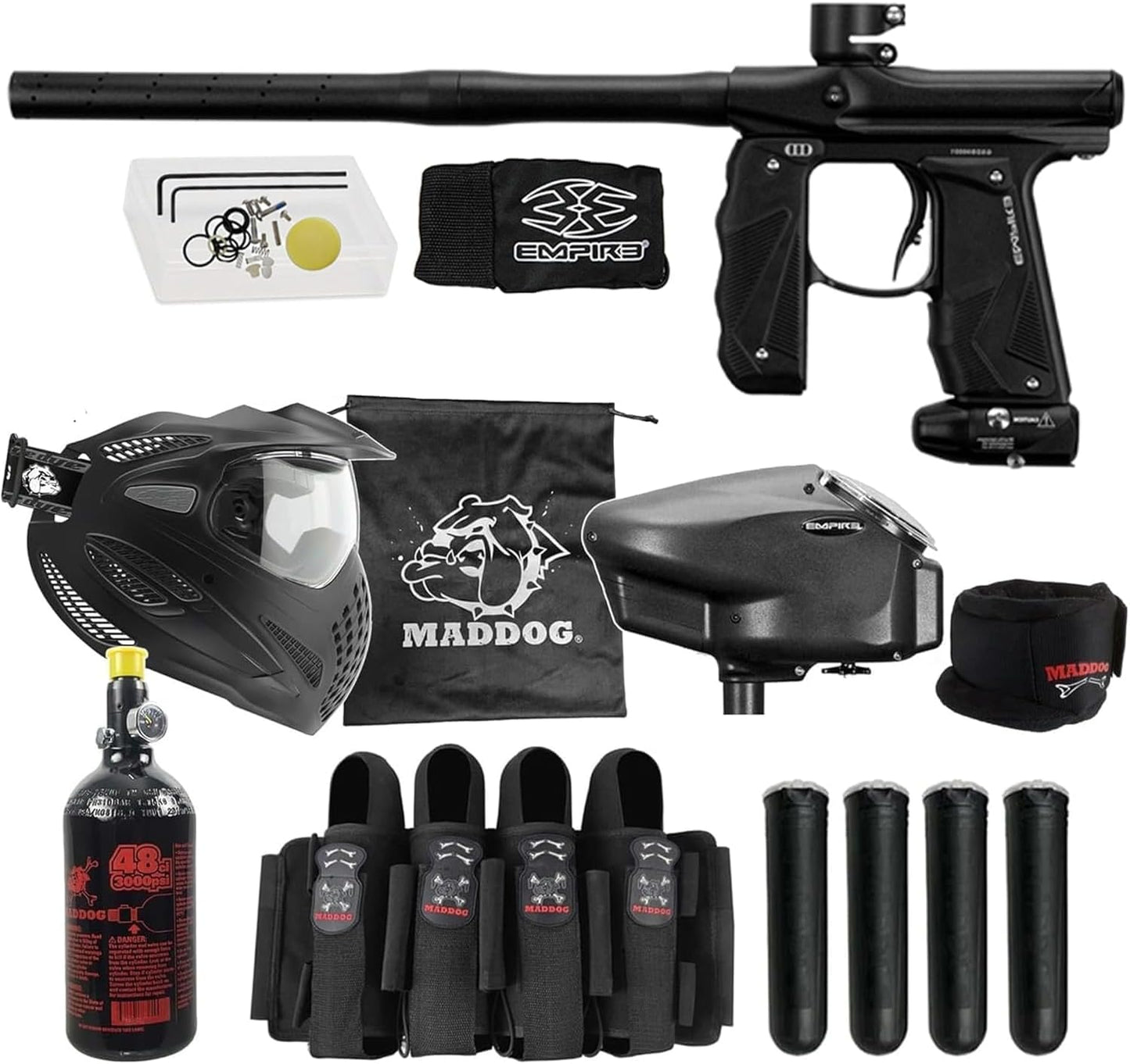 Maddog Empire Mini GS Full Auto Paintball Gun Marker w/HPA Tank, Empire Halo Too Loader, Thermal Anti-Fog Paintball Mask Goggle, Neck Protector, 4+3 Harness & (4) Pods Starter Package