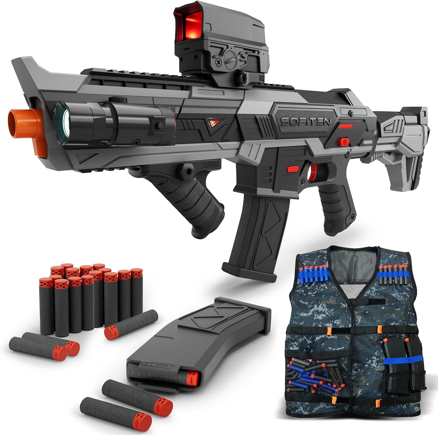 SOFITEN Electric Toy Gun Foam Dart Automatic Blaster Sniper Rifle with Tactical Vest, Adjustable Scope, Two Shooting Modes, Birthday Christmas New-Year Gifts for Kids Boys Teens Adults